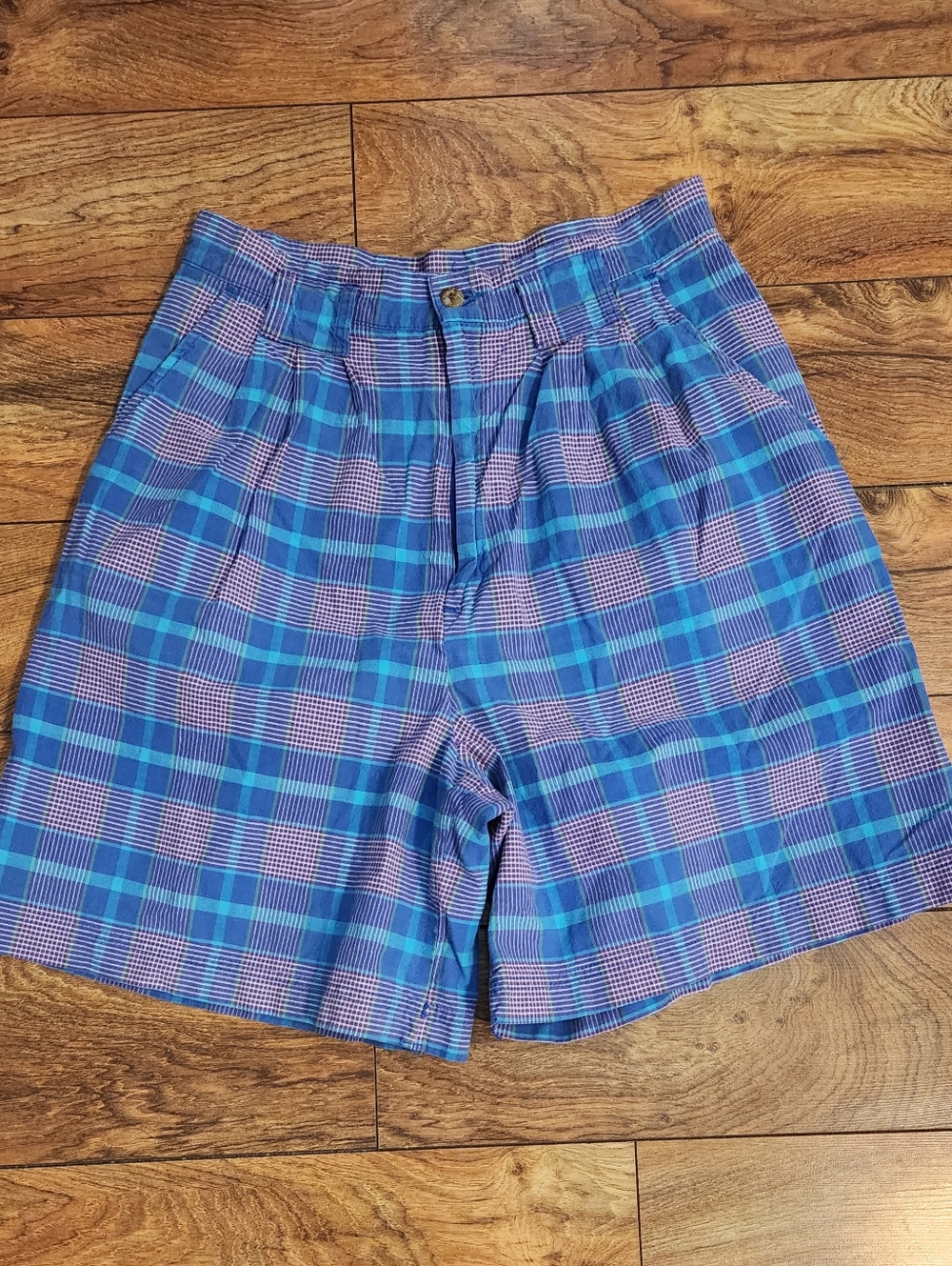 Vintage PALMETTO Pleated Blue & Purple Plaid Shorts , Size 11